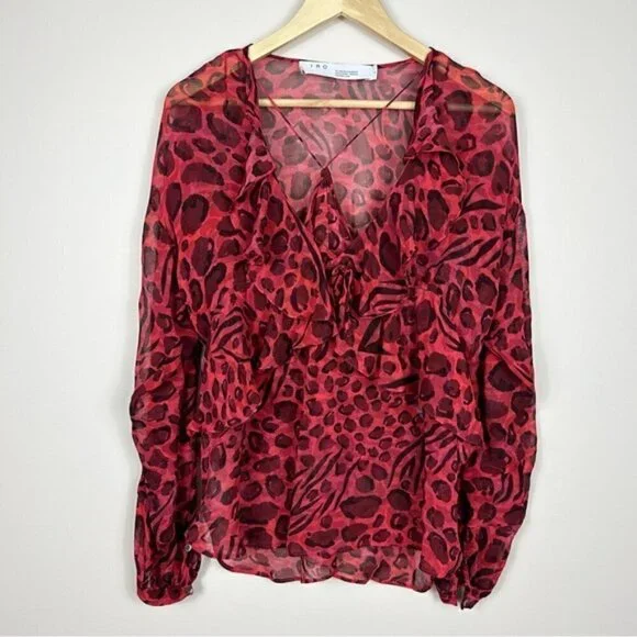 IRO Realize Red Leopard Ruffle Blouse 36 - Picture 4 of 8